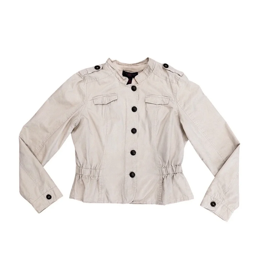 Y2k Tan Military Jacket Victorian Peplum Button Up Utility Coat L khaki